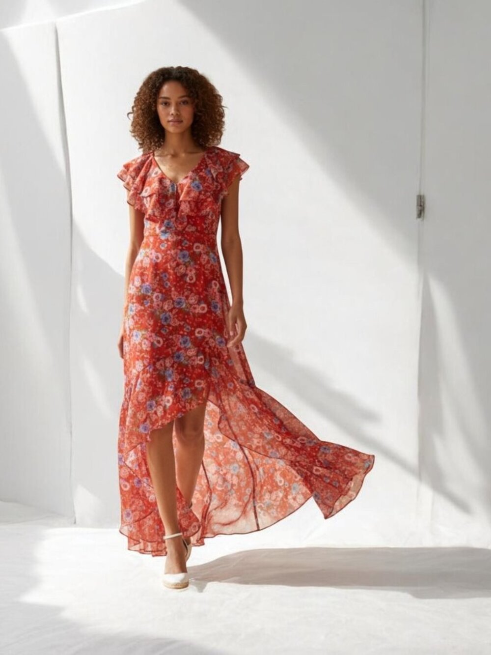 ANTHROPOLOGIE WAYF Red Ruffle Floral High Low Maxi Dress S - Summer Dress